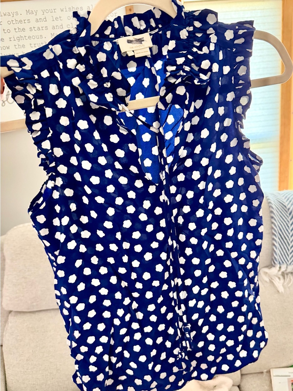 kate spade Navy Blue and White Polka Dot Ruffle Sleeveless Blouse